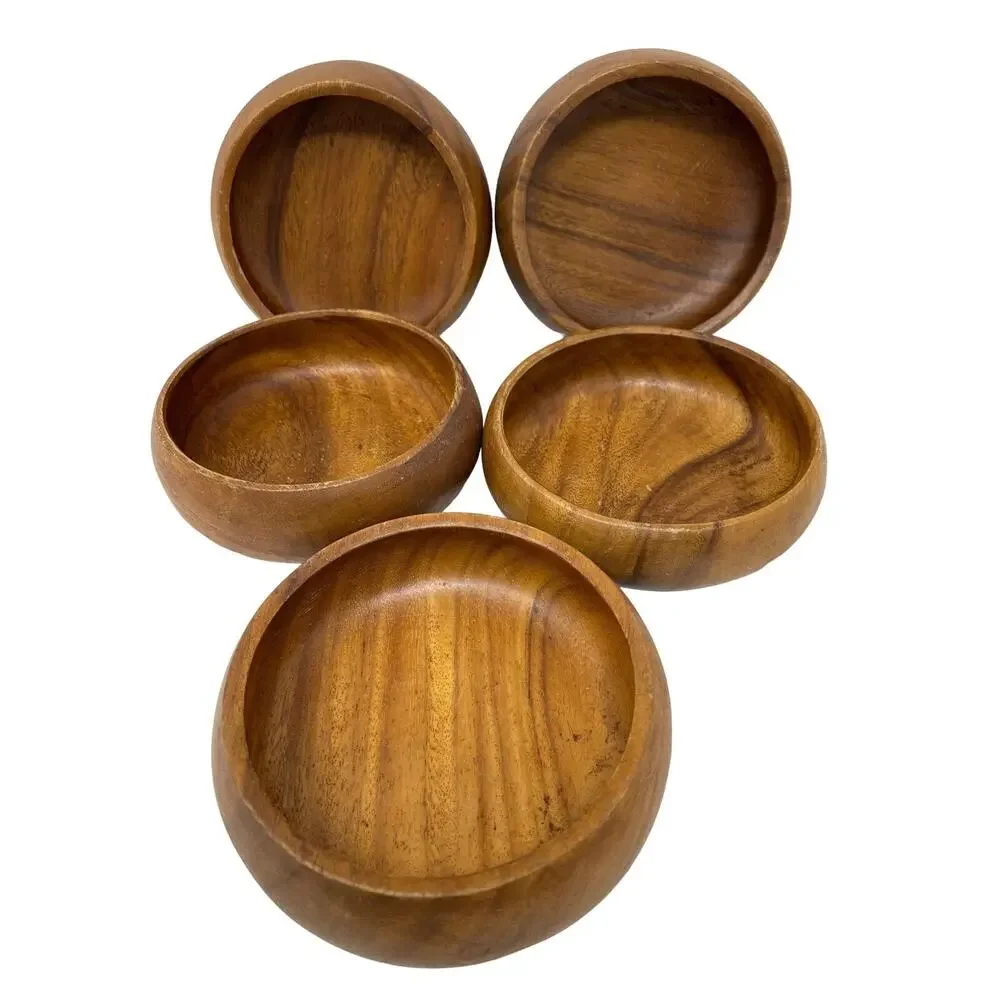 Wood Salad Bowl Set Circa 1960s‎ Lot of 5 6 inch Mid Century Modern